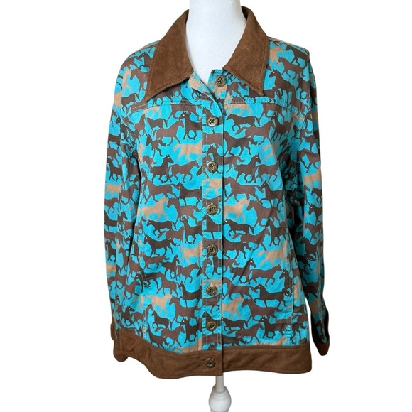 Toffee Apple Womens Jacket XL Teal Brown Horse Print Collared Equestrian Novelty - Picture 1 of 9